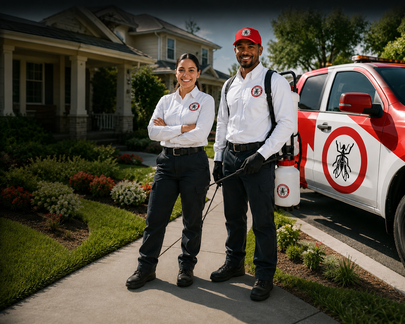 Exterminetics pest control operators in front of a California home