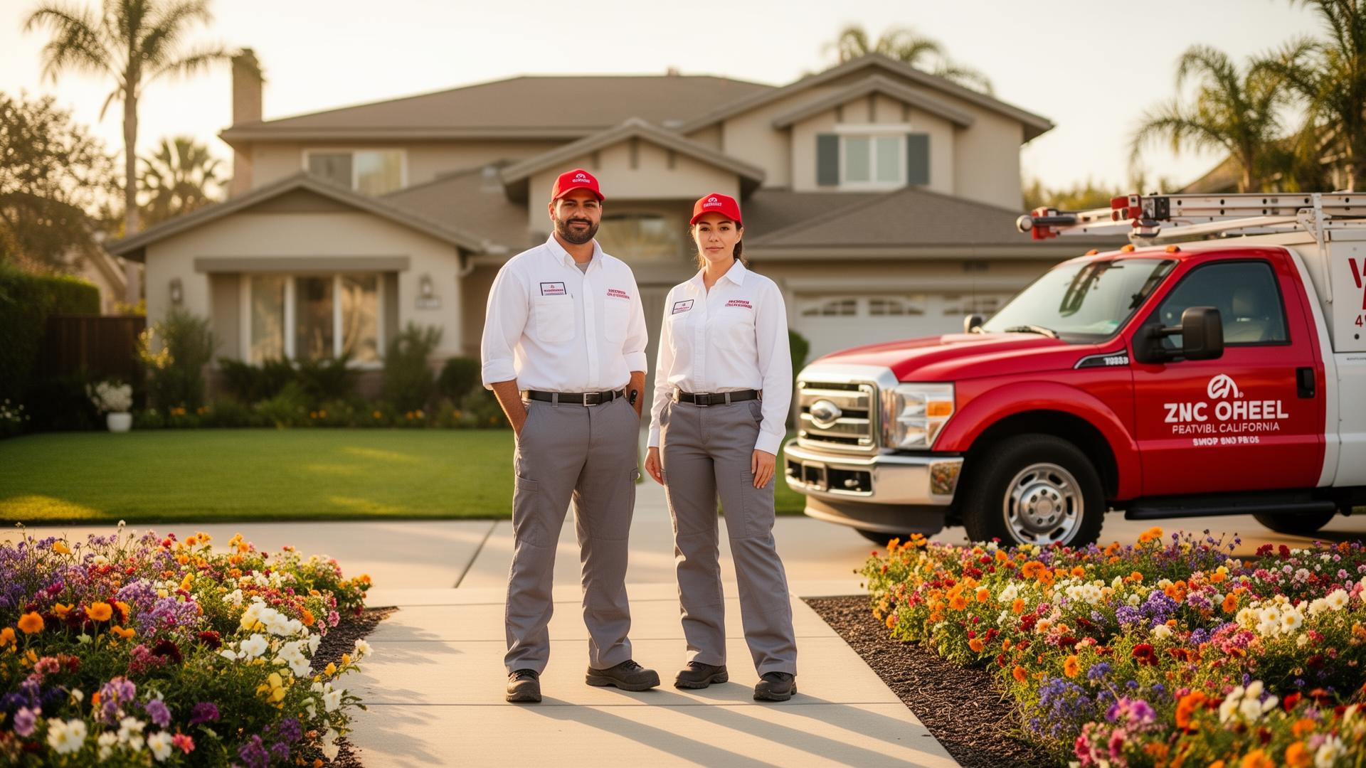 Exterminetics pest control operators in front of a California home